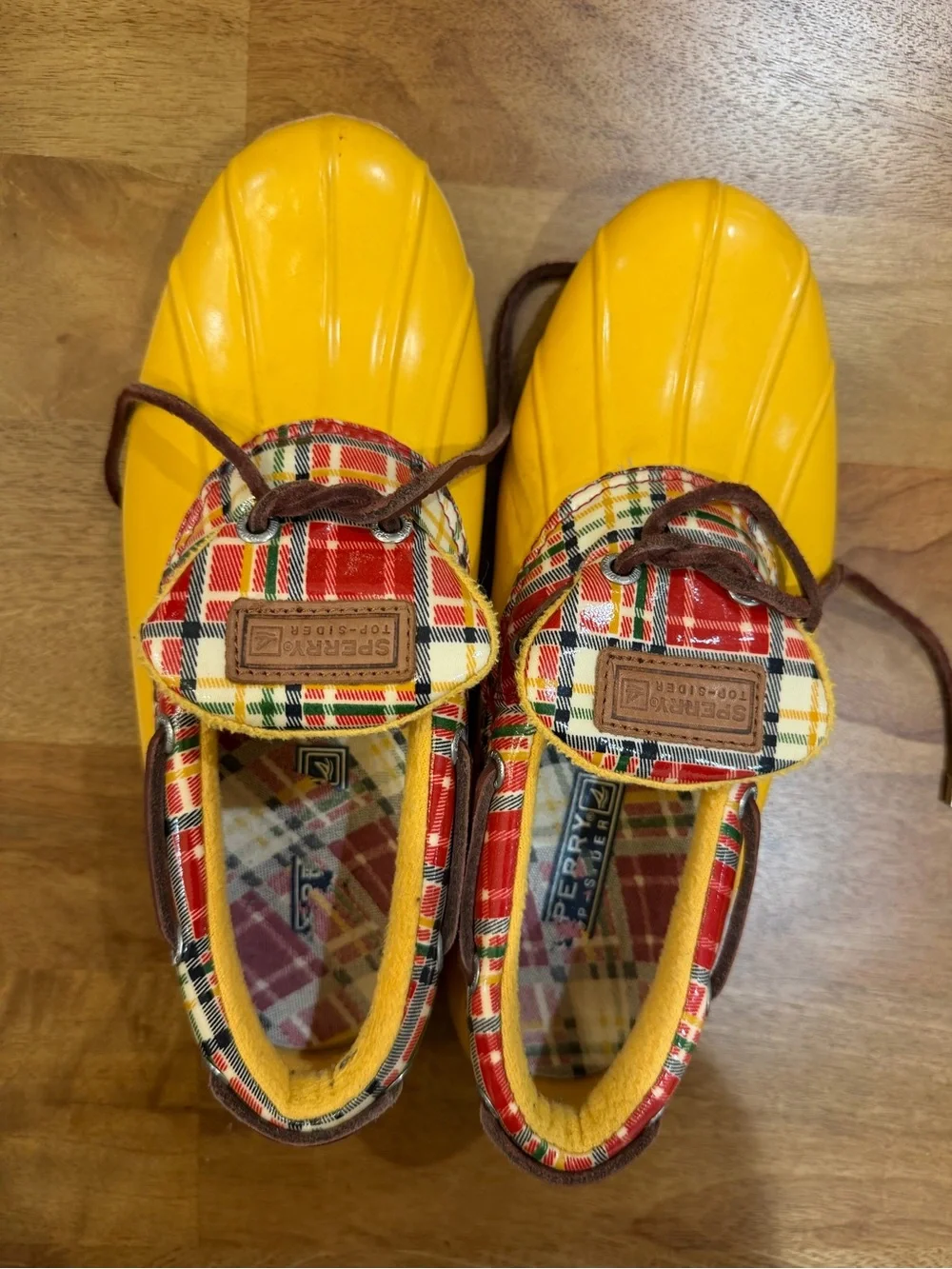 Sperry Yellow and Red Plaid-Trim Duck Boots w/ Leather Laces Women’s Size 8